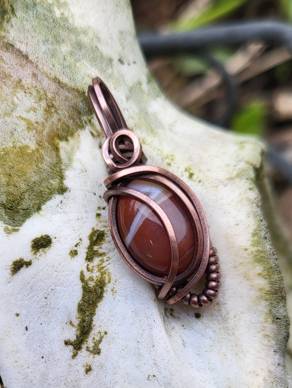 Handcrafted Oxidized Copper Wirewrap Pendant W/ Agate Stonce Centerpiece